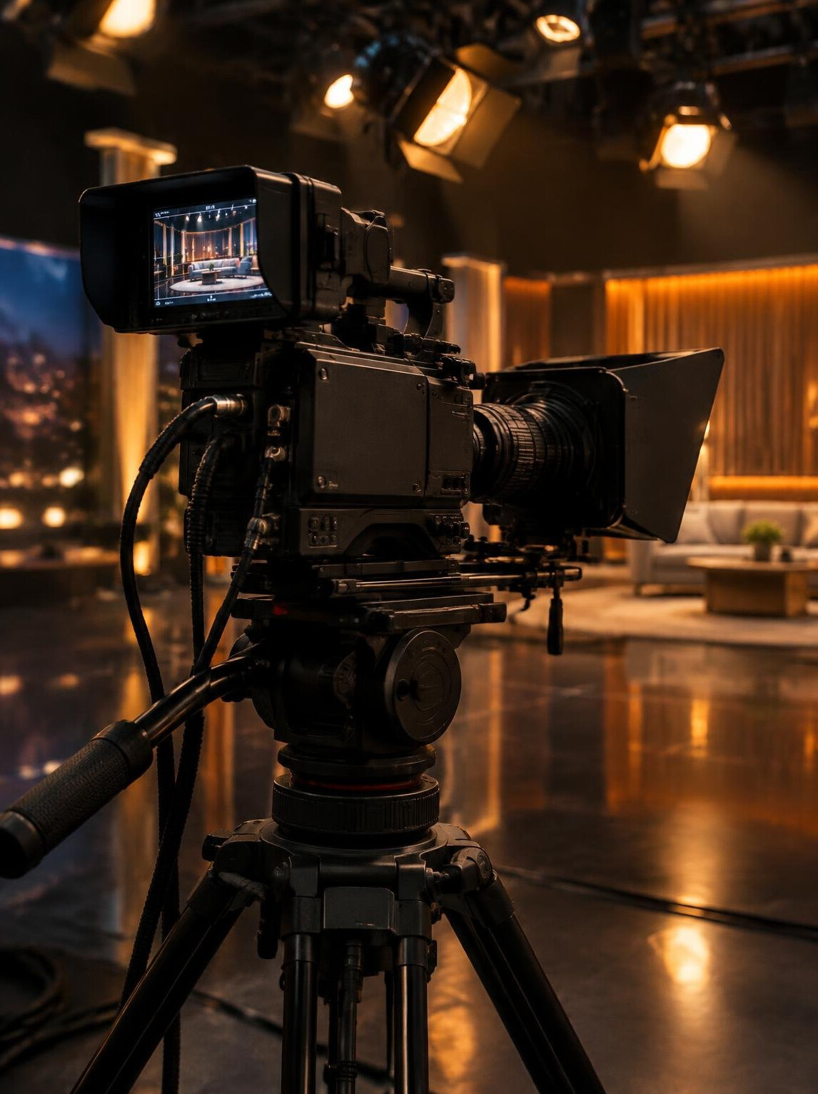 Professional broadcast camera on a tripod in a television studio