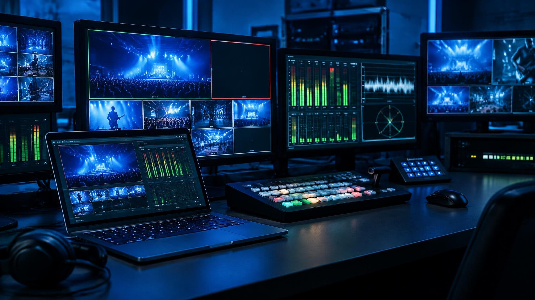 Laptop and monitors showing live video feeds in a dark control room